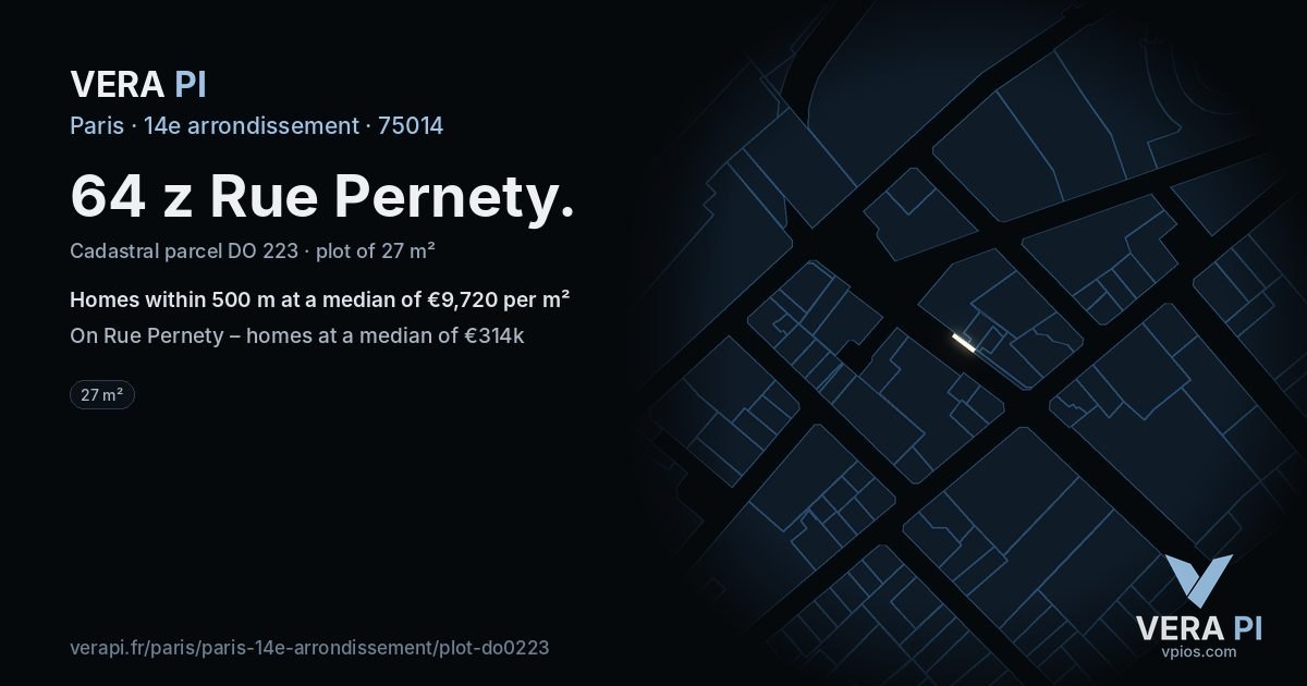 64 z Rue Pernety, 14e arrondissement at night – the plot lit, the parcels around coloured by the prices near them