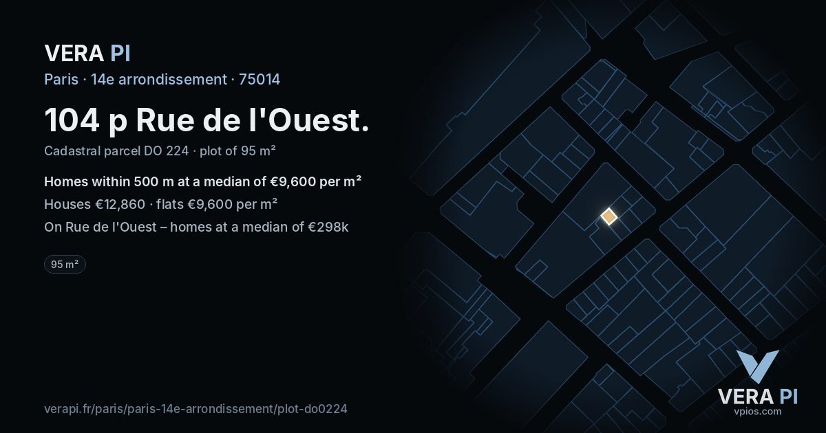 104 p Rue de l'Ouest, 14e arrondissement at night – the plot lit, the parcels around coloured by the prices near them
