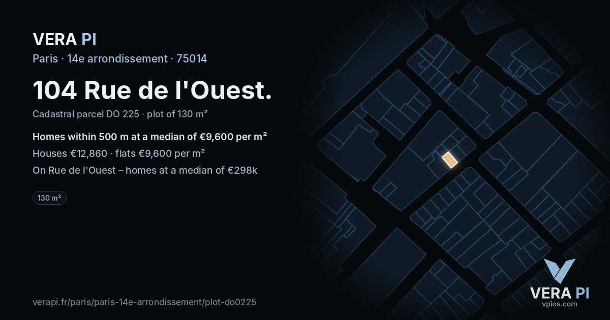 104 Rue de l'Ouest, 14e arrondissement at night – the plot lit, the parcels around coloured by the prices near them