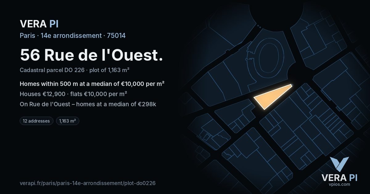 56 Rue de l'Ouest, 14e arrondissement at night – the plot lit, the parcels around coloured by the prices near them