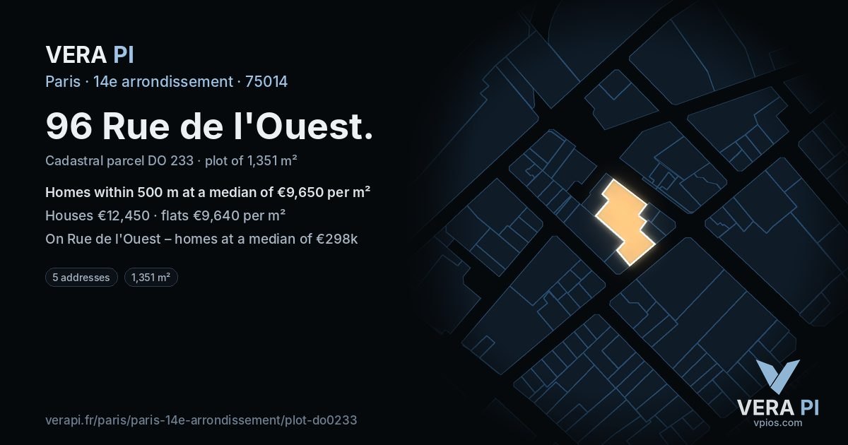 96 Rue de l'Ouest, 14e arrondissement at night – the plot lit, the parcels around coloured by the prices near them