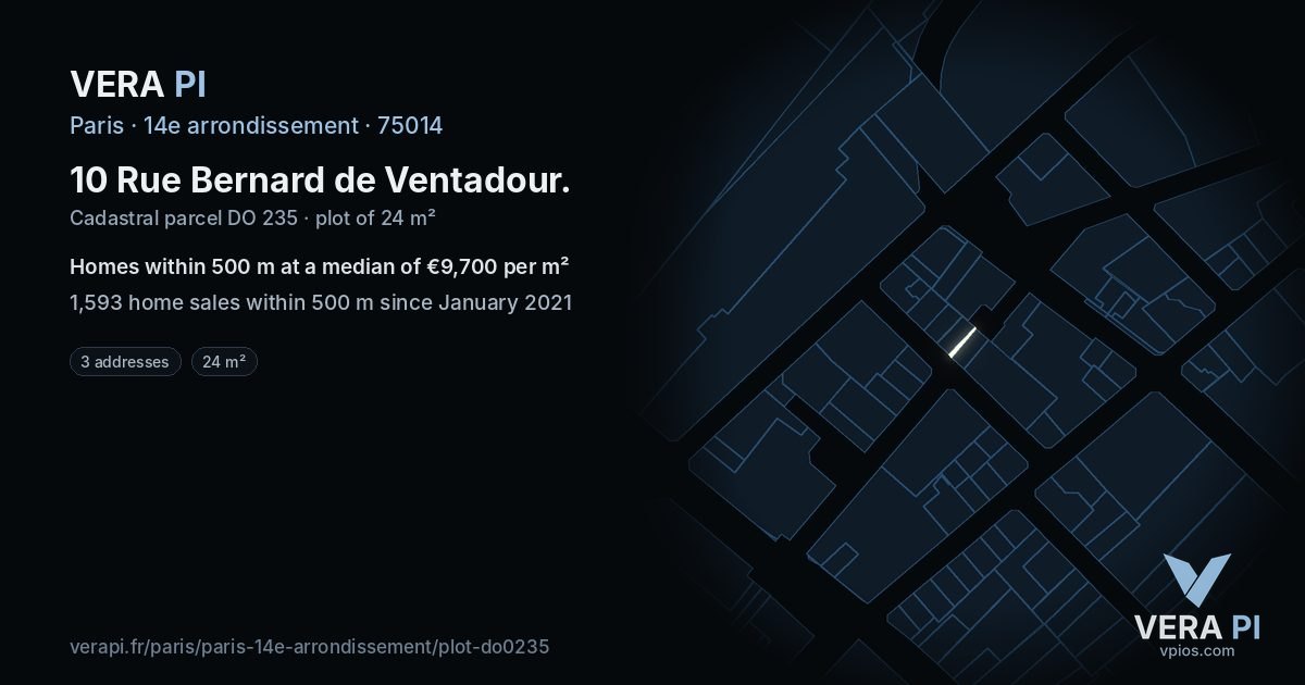10 Rue Bernard de Ventadour, 14e arrondissement at night – the plot lit, the parcels around coloured by the prices near them