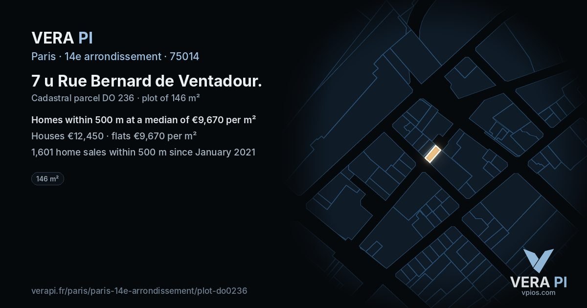 7 u Rue Bernard de Ventadour, 14e arrondissement at night – the plot lit, the parcels around coloured by the prices near them