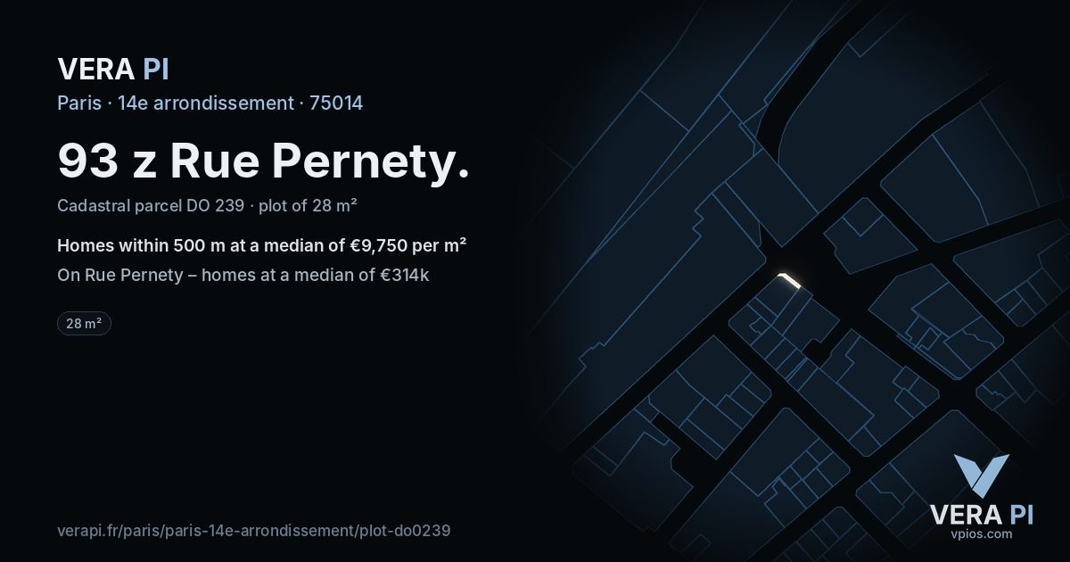 93 z Rue Pernety, 14e arrondissement at night – the plot lit, the parcels around coloured by the prices near them