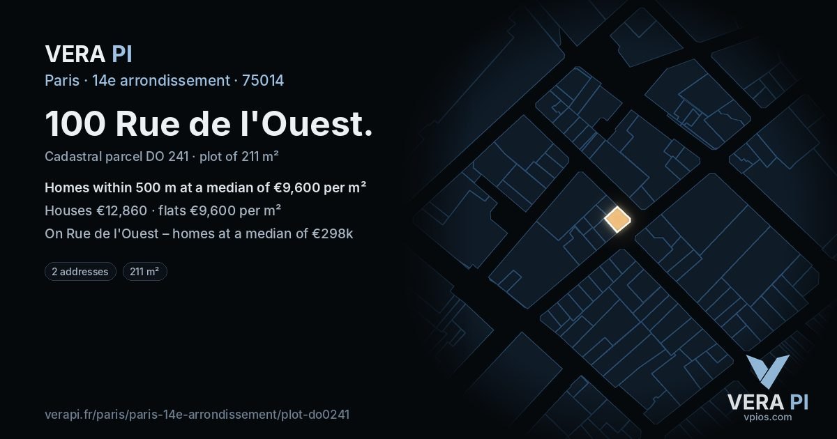 100 Rue de l'Ouest, 14e arrondissement at night – the plot lit, the parcels around coloured by the prices near them