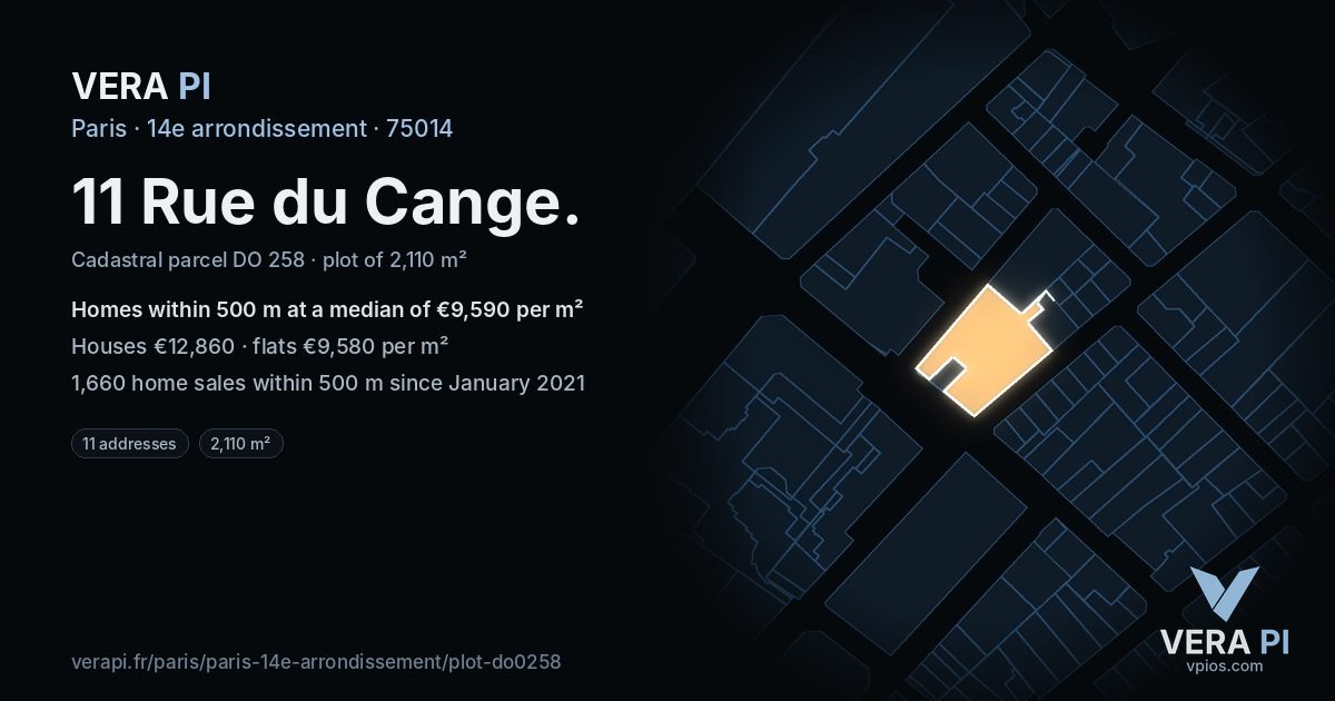 11 Rue du Cange, 14e arrondissement at night – the plot lit, the parcels around coloured by the prices near them