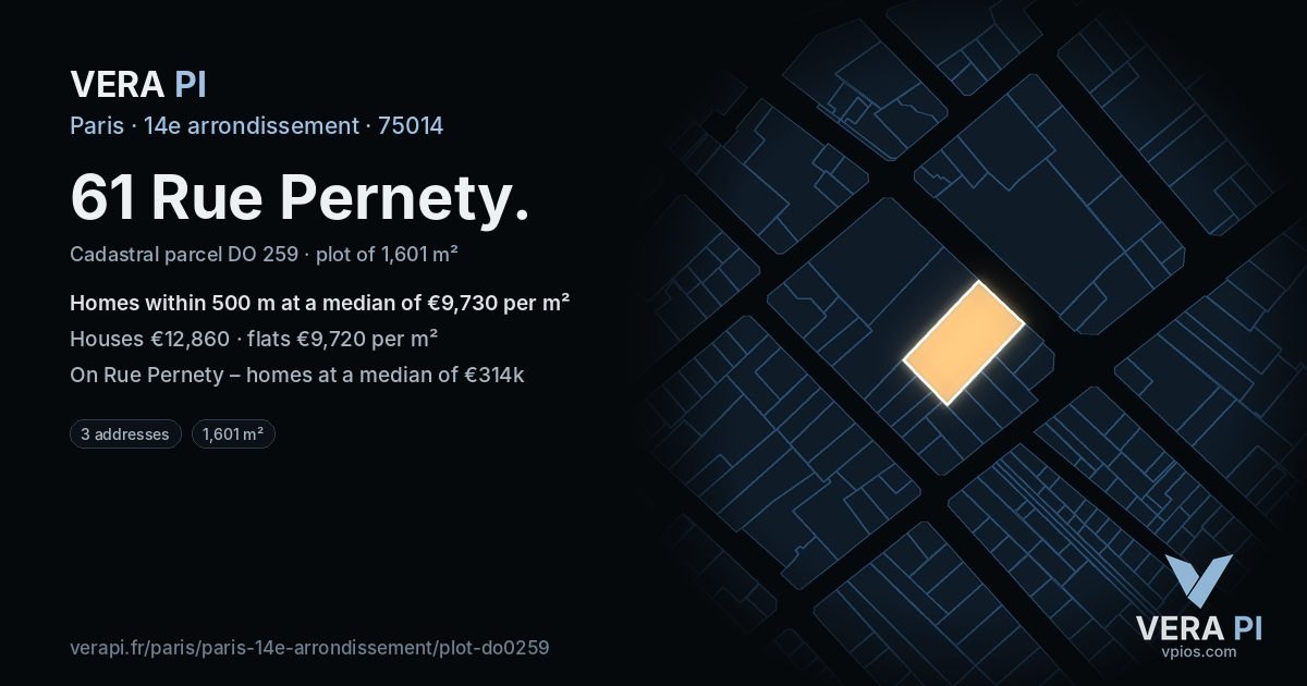 61 Rue Pernety, 14e arrondissement at night – the plot lit, the parcels around coloured by the prices near them