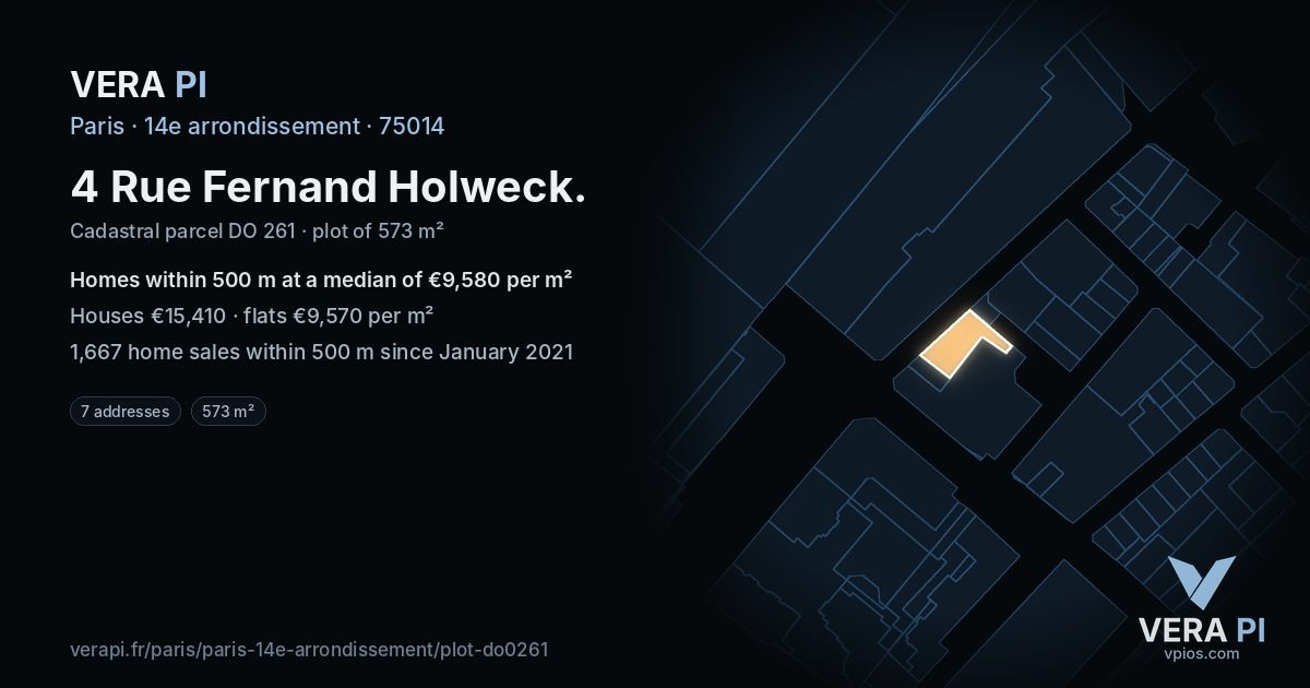 4 Rue Fernand Holweck, 14e arrondissement at night – the plot lit, the parcels around coloured by the prices near them