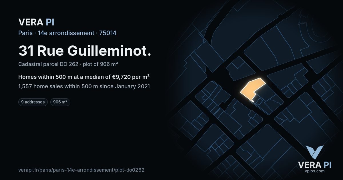 31 Rue Guilleminot, 14e arrondissement at night – the plot lit, the parcels around coloured by the prices near them