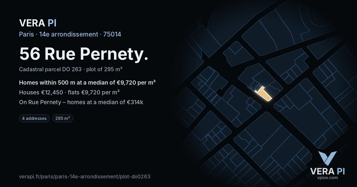 56 Rue Pernety, 14e arrondissement at night – the plot lit, the parcels around coloured by the prices near them