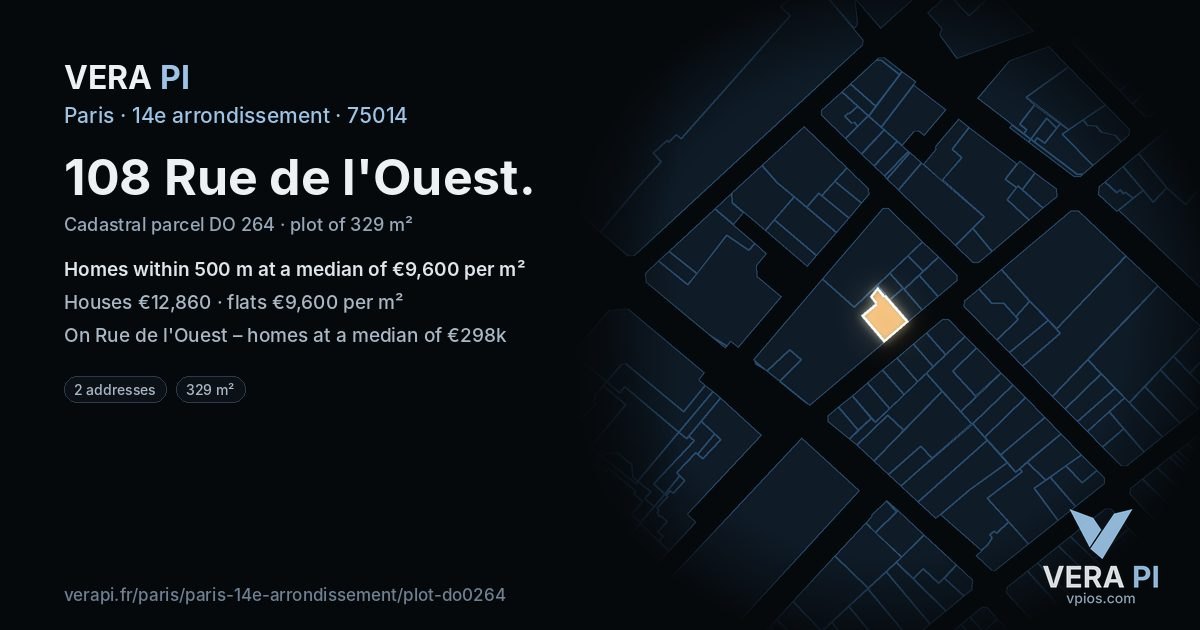 108 Rue de l'Ouest, 14e arrondissement at night – the plot lit, the parcels around coloured by the prices near them