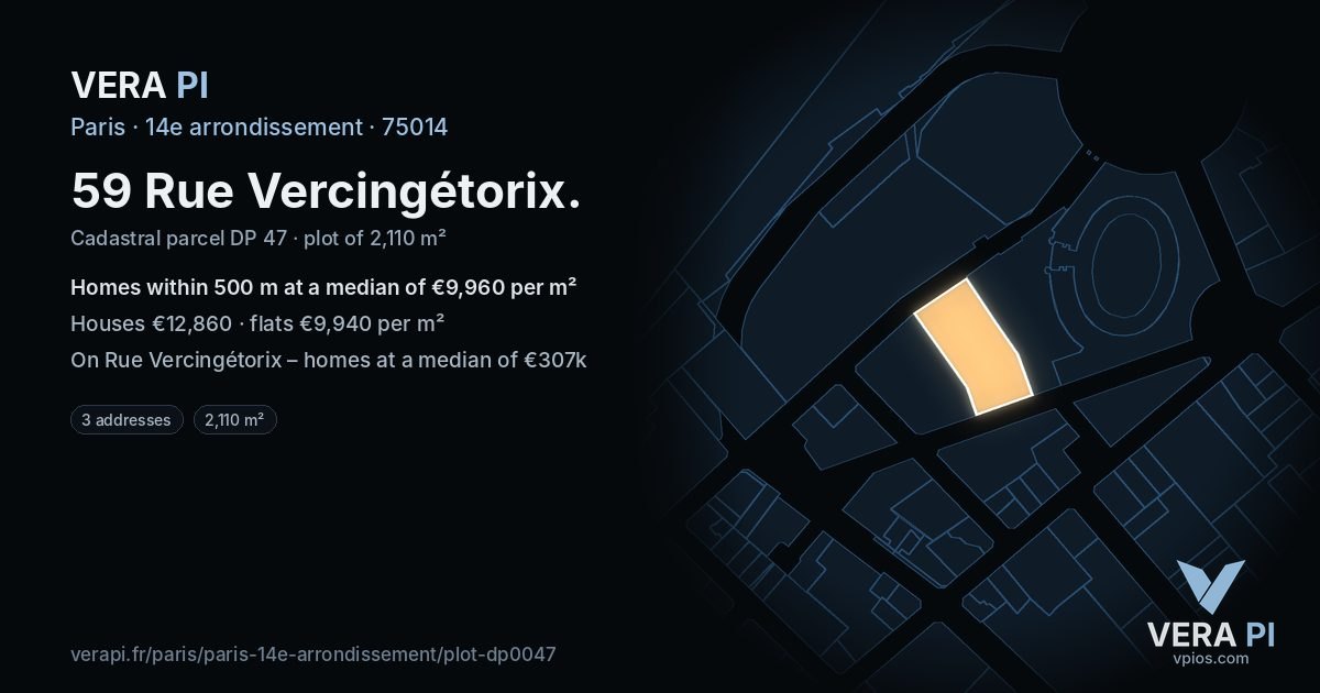 59 Rue Vercingétorix, 14e arrondissement at night – the plot lit, the parcels around coloured by the prices near them