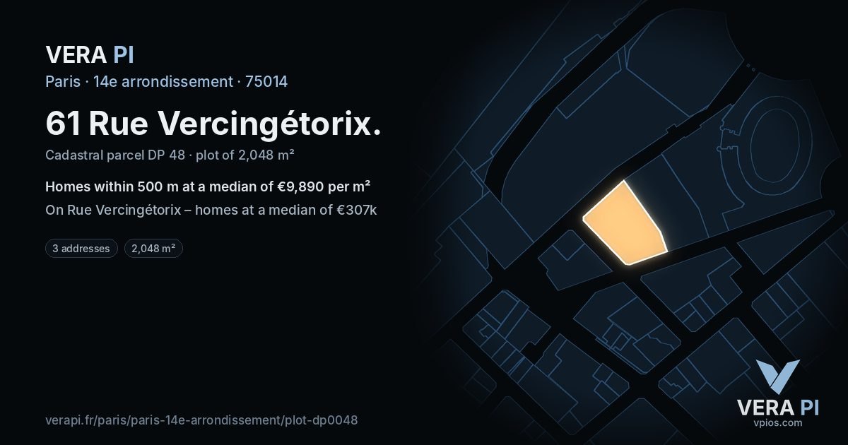 61 Rue Vercingétorix, 14e arrondissement at night – the plot lit, the parcels around coloured by the prices near them