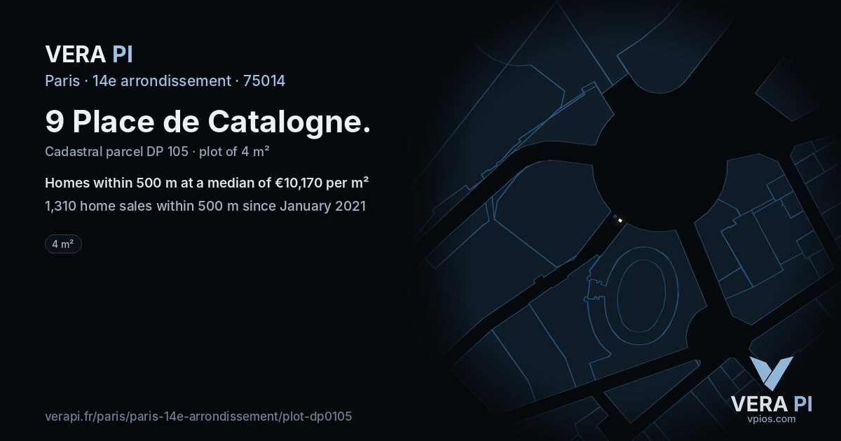 9 Place de Catalogne, 14e arrondissement at night – the plot lit, the parcels around coloured by the prices near them