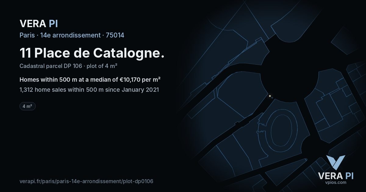 11 Place de Catalogne, 14e arrondissement at night – the plot lit, the parcels around coloured by the prices near them