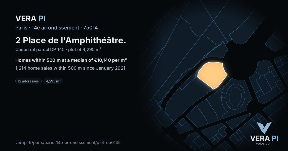 2 Place de l'Amphithéâtre, 14e arrondissement at night – the plot lit, the parcels around coloured by the prices near them