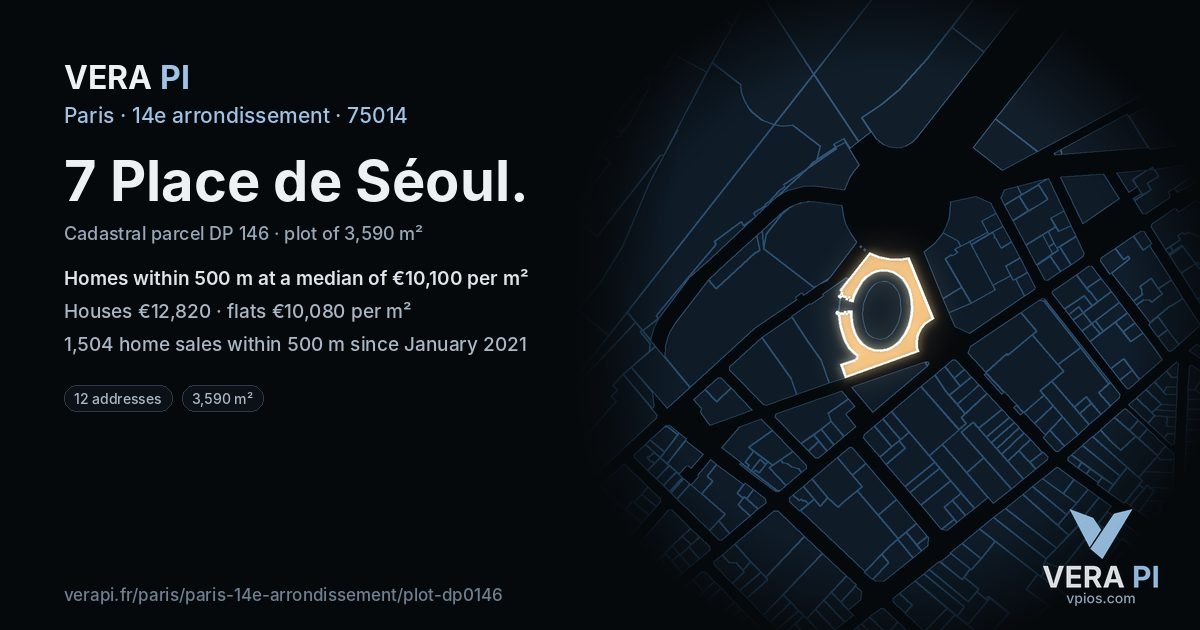 7 Place de Séoul, 14e arrondissement at night – the plot lit, the parcels around coloured by the prices near them