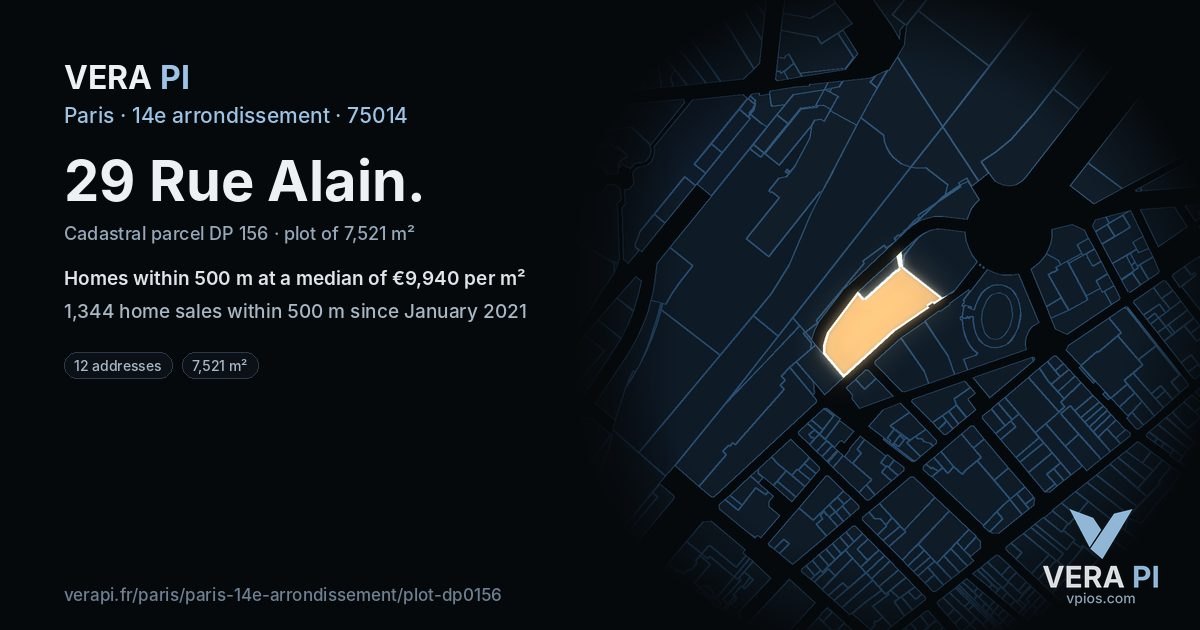 29 Rue Alain, 14e arrondissement at night – the plot lit, the parcels around coloured by the prices near them