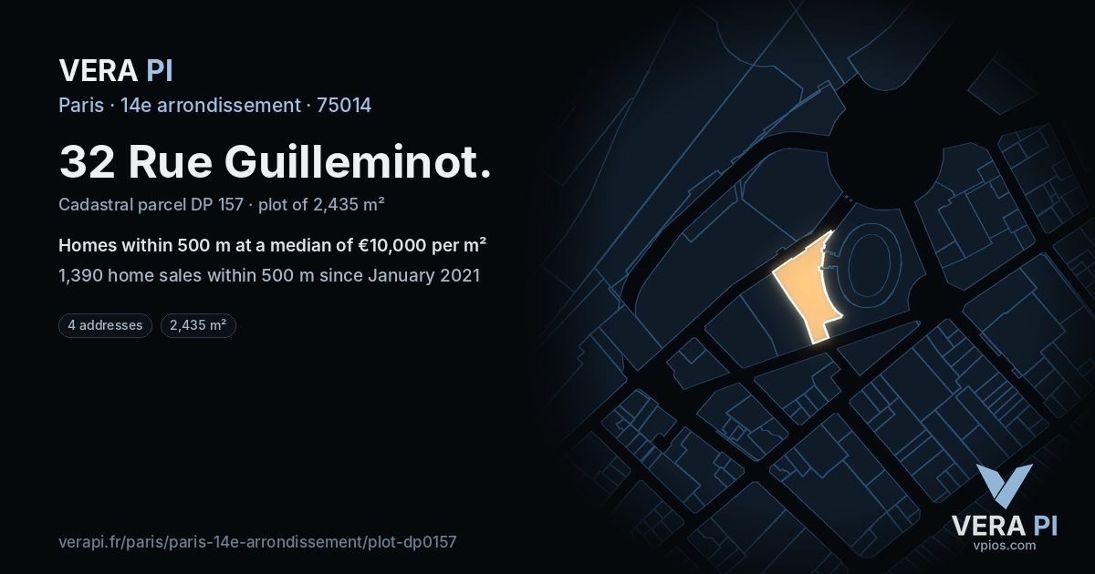 32 Rue Guilleminot, 14e arrondissement at night – the plot lit, the parcels around coloured by the prices near them