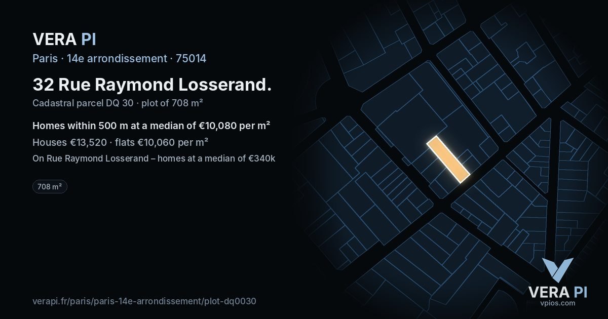 32 Rue Raymond Losserand, 14e arrondissement at night – the plot lit, the parcels around coloured by the prices near them