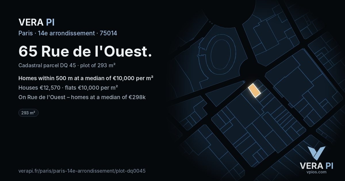 65 Rue de l'Ouest, 14e arrondissement at night – the plot lit, the parcels around coloured by the prices near them