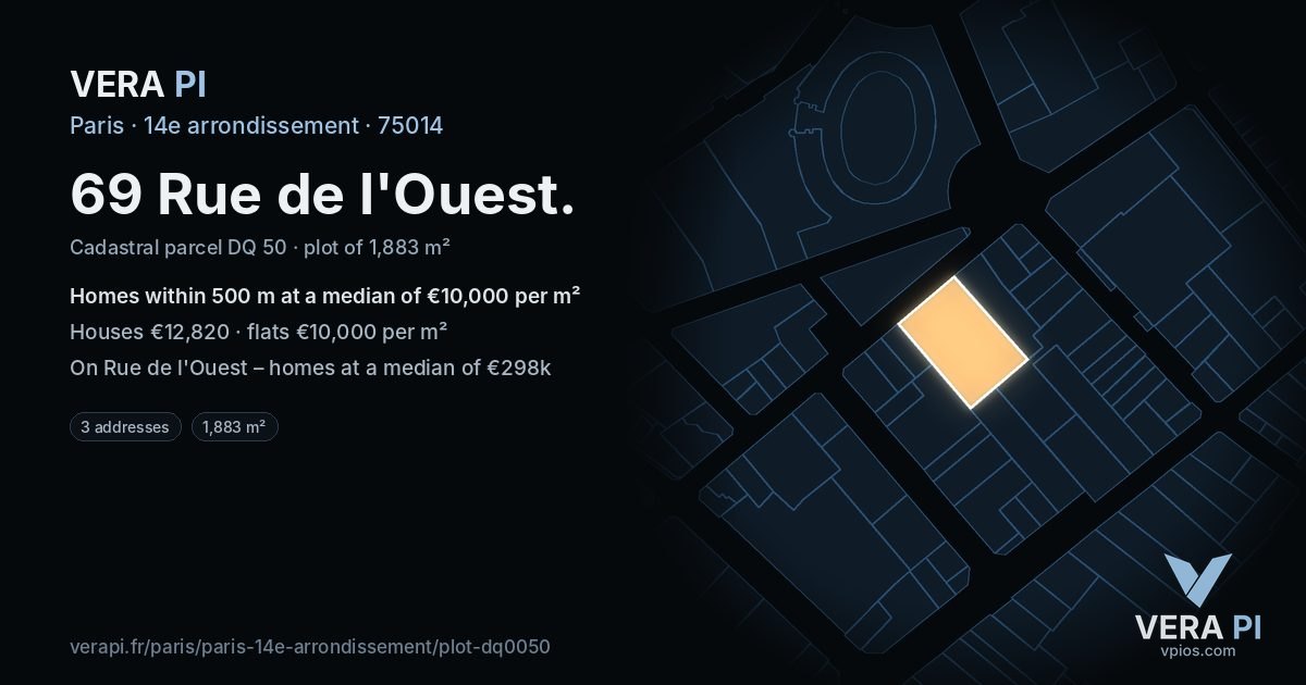 69 Rue de l'Ouest, 14e arrondissement at night – the plot lit, the parcels around coloured by the prices near them