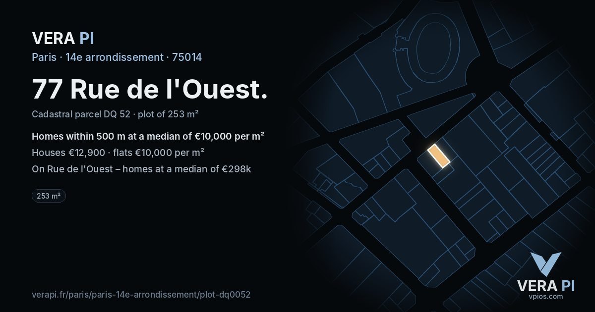 77 Rue de l'Ouest, 14e arrondissement at night – the plot lit, the parcels around coloured by the prices near them