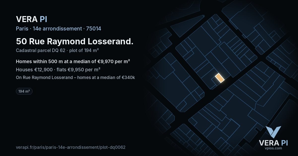 50 Rue Raymond Losserand, 14e arrondissement at night – the plot lit, the parcels around coloured by the prices near them