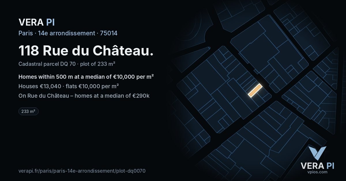 118 Rue du Château, 14e arrondissement at night – the plot lit, the parcels around coloured by the prices near them