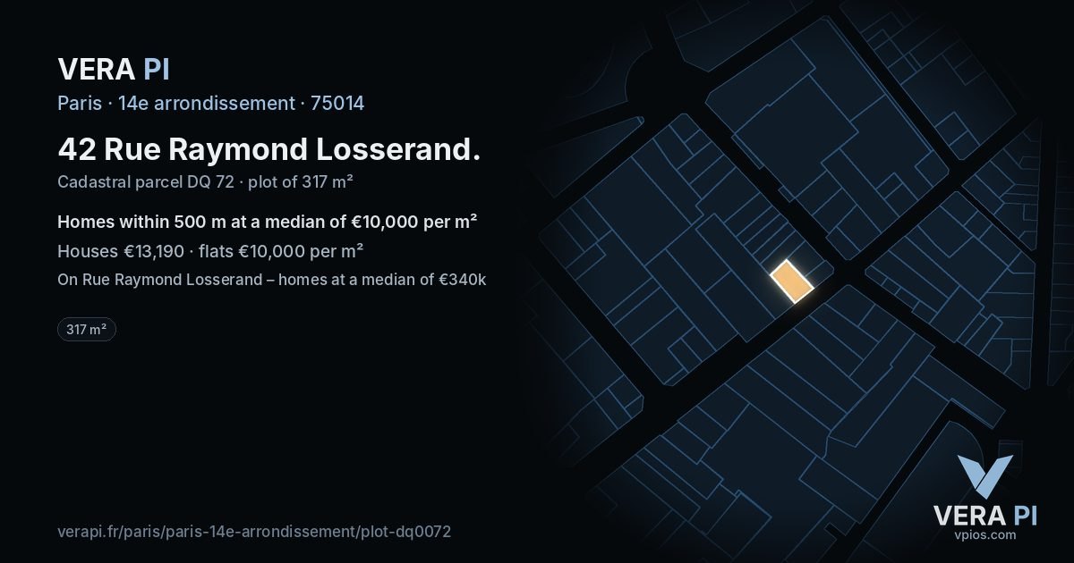 42 Rue Raymond Losserand, 14e arrondissement at night – the plot lit, the parcels around coloured by the prices near them