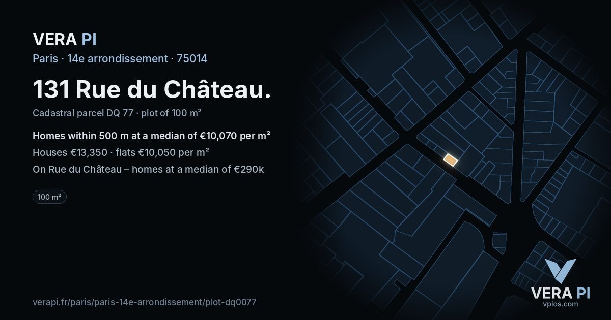 131 Rue du Château, 14e arrondissement at night – the plot lit, the parcels around coloured by the prices near them