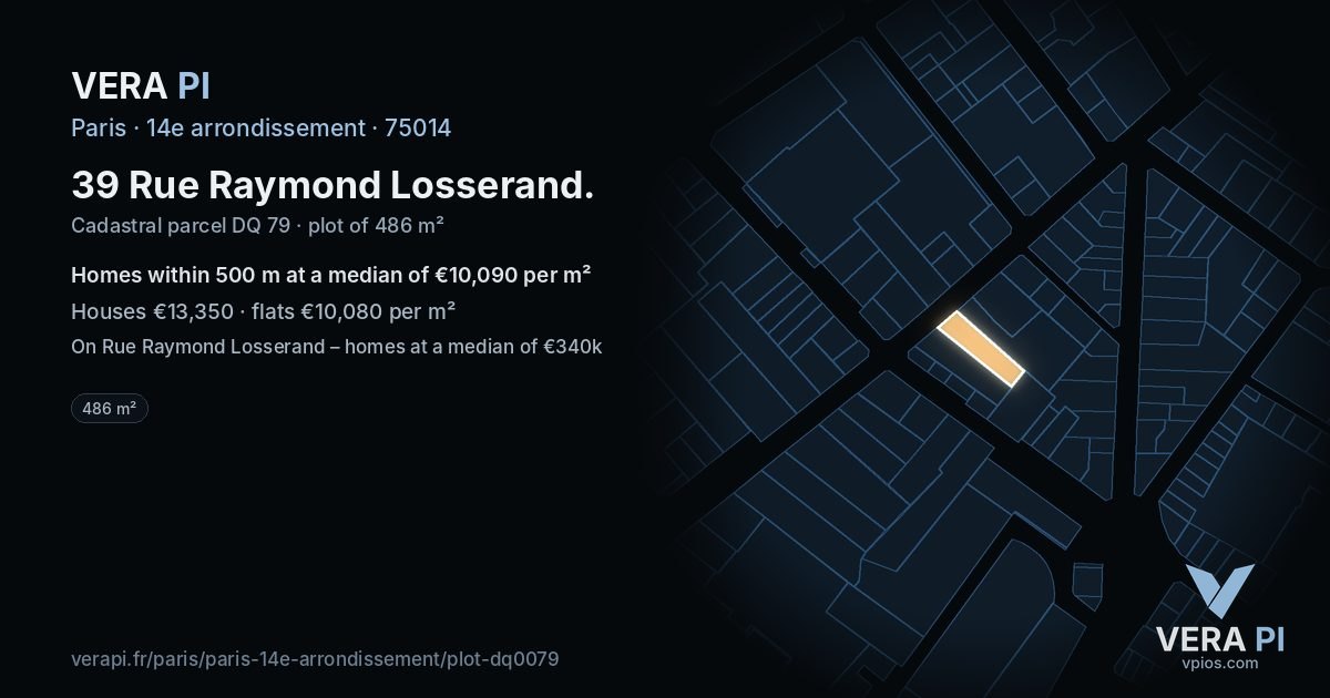 39 Rue Raymond Losserand, 14e arrondissement at night – the plot lit, the parcels around coloured by the prices near them
