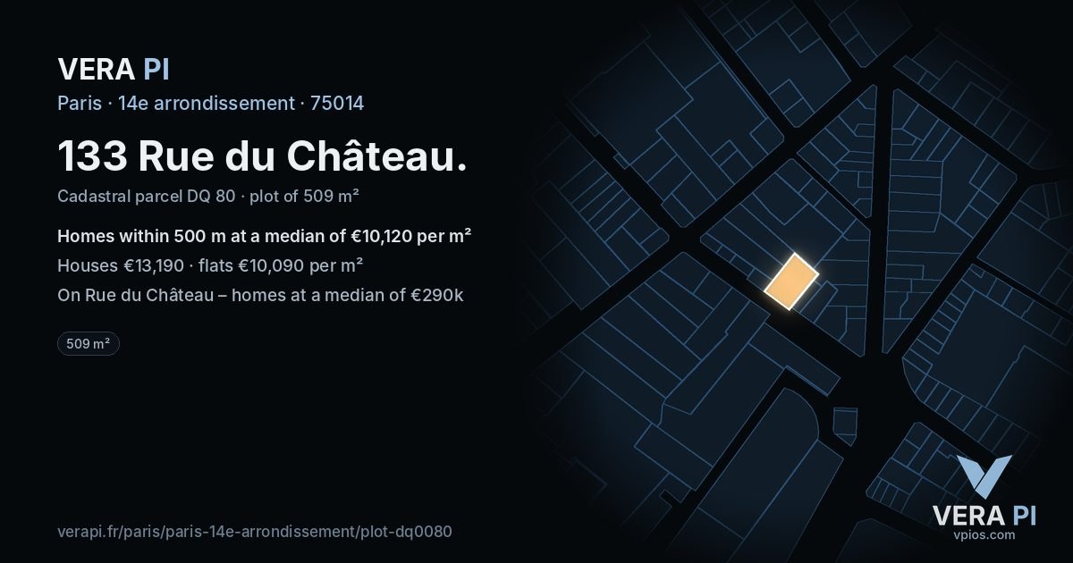 133 Rue du Château, 14e arrondissement at night – the plot lit, the parcels around coloured by the prices near them