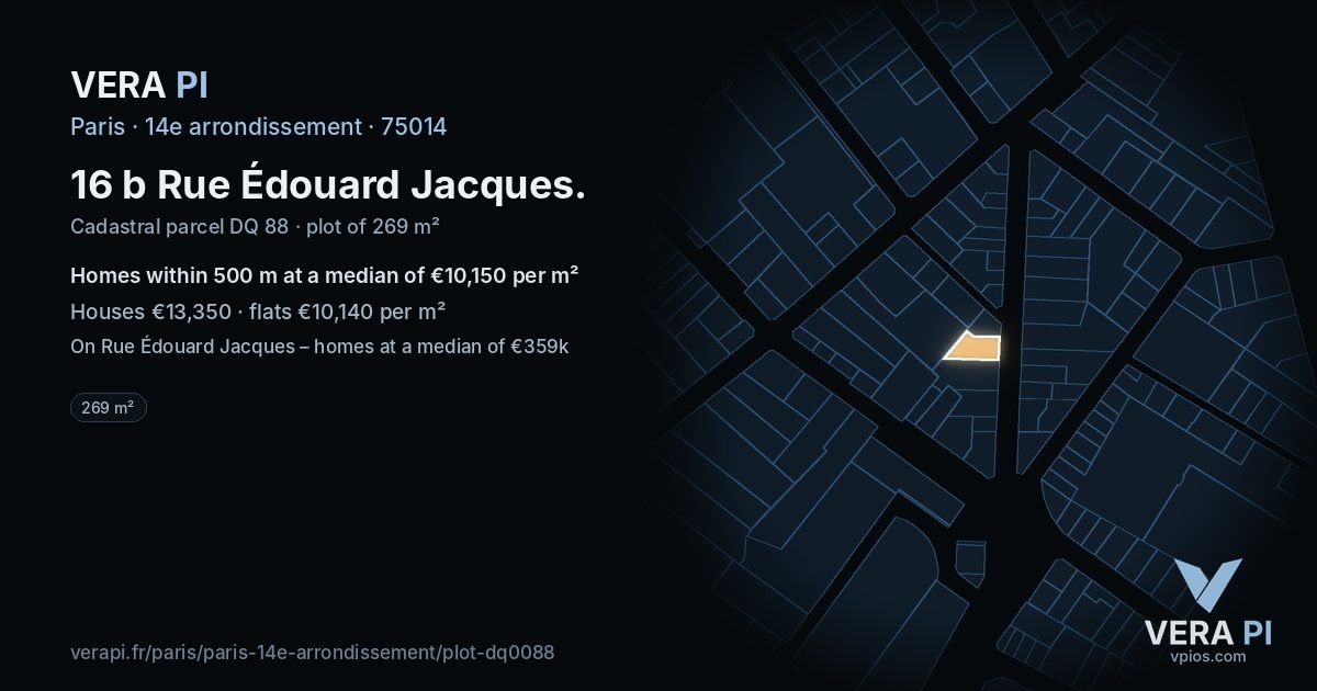 16 b Rue Édouard Jacques, 14e arrondissement at night – the plot lit, the parcels around coloured by the prices near them