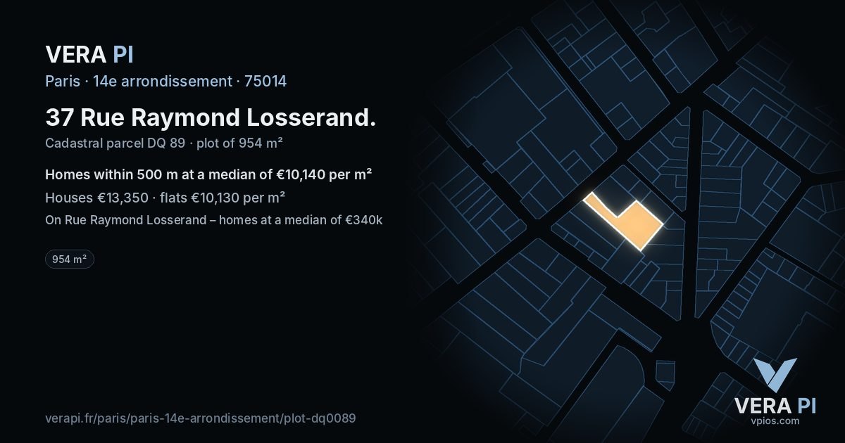 37 Rue Raymond Losserand, 14e arrondissement at night – the plot lit, the parcels around coloured by the prices near them