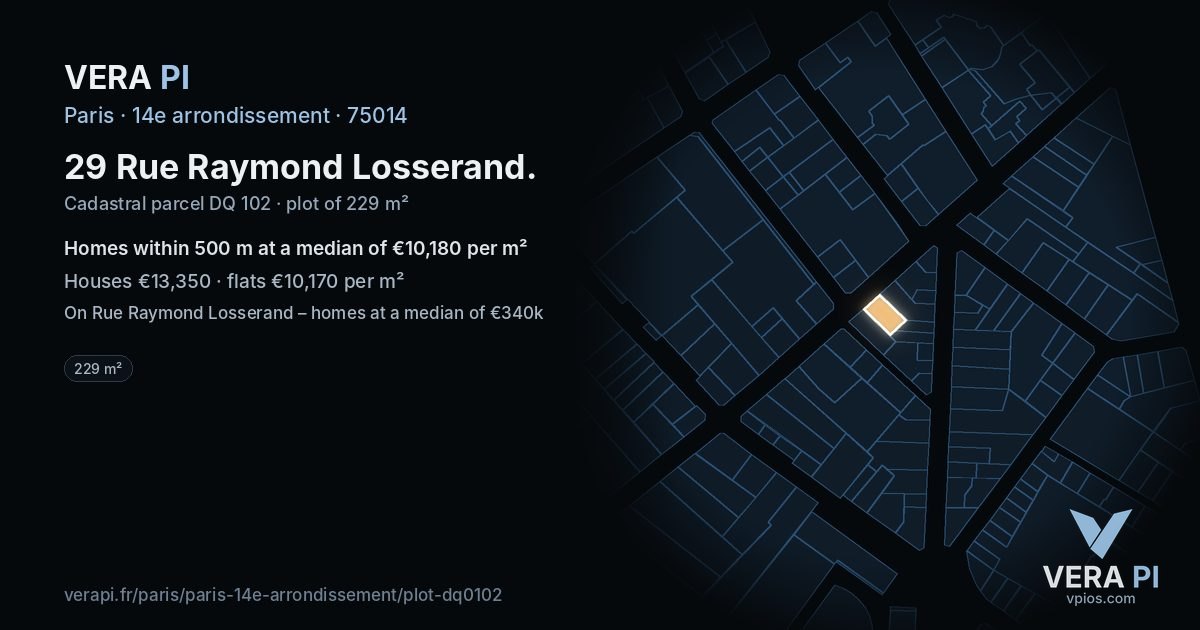 29 Rue Raymond Losserand, 14e arrondissement at night – the plot lit, the parcels around coloured by the prices near them