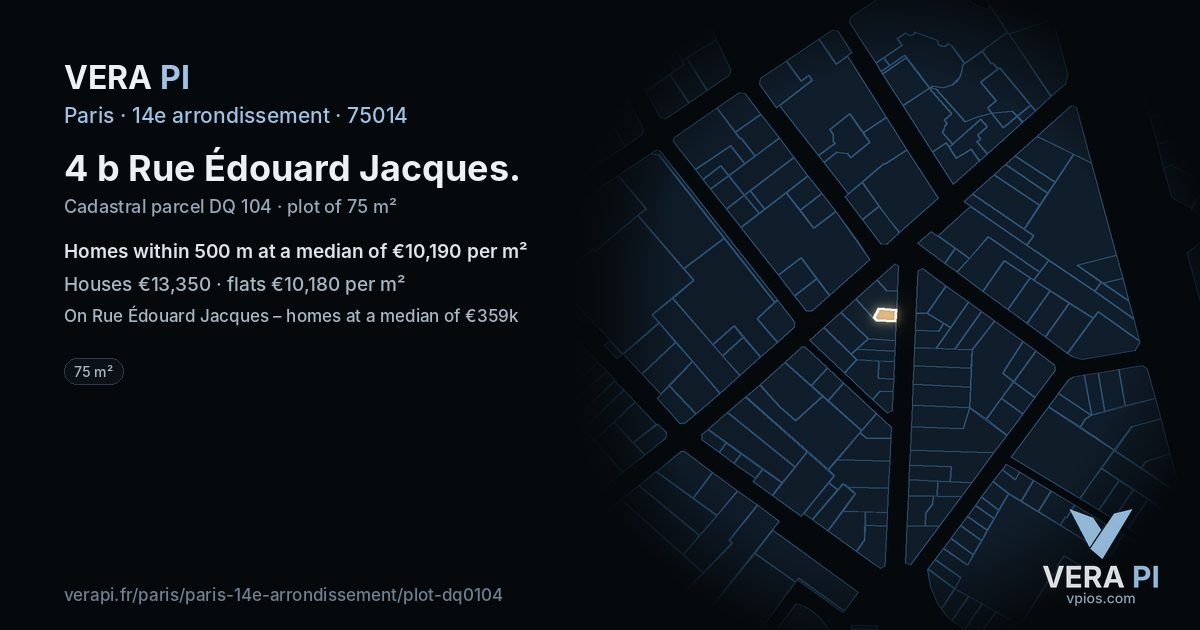 4 b Rue Édouard Jacques, 14e arrondissement at night – the plot lit, the parcels around coloured by the prices near them