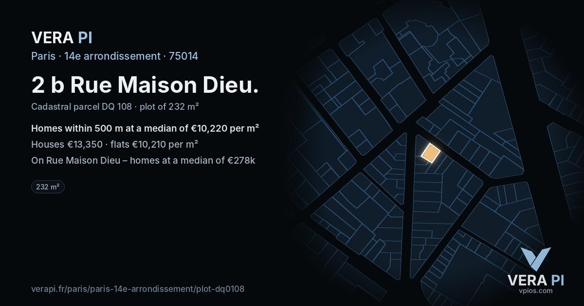 2 b Rue Maison Dieu, 14e arrondissement at night – the plot lit, the parcels around coloured by the prices near them
