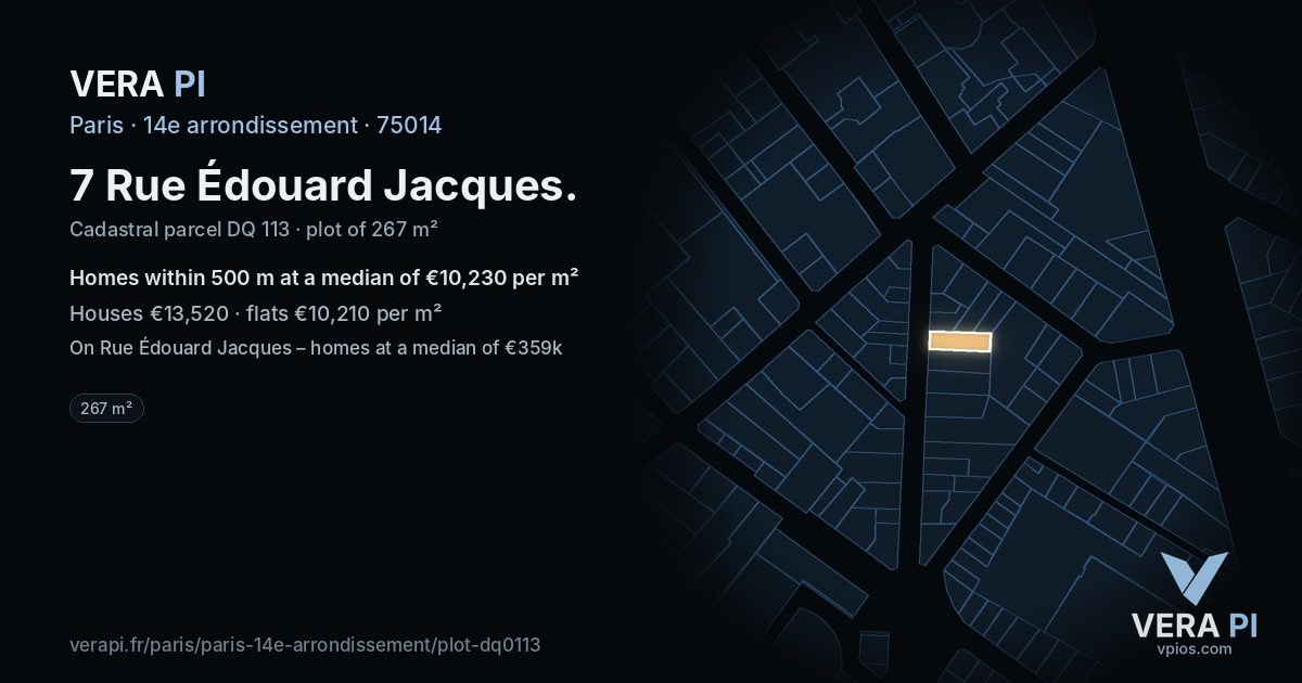 7 Rue Édouard Jacques, 14e arrondissement at night – the plot lit, the parcels around coloured by the prices near them