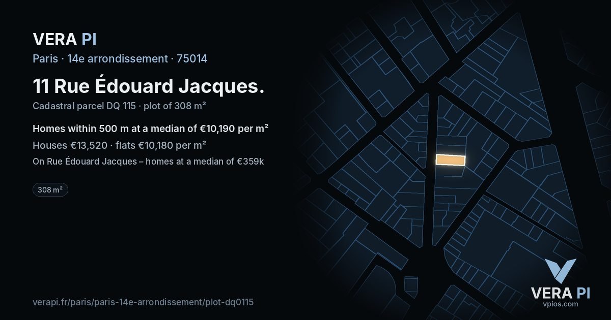 11 Rue Édouard Jacques, 14e arrondissement at night – the plot lit, the parcels around coloured by the prices near them