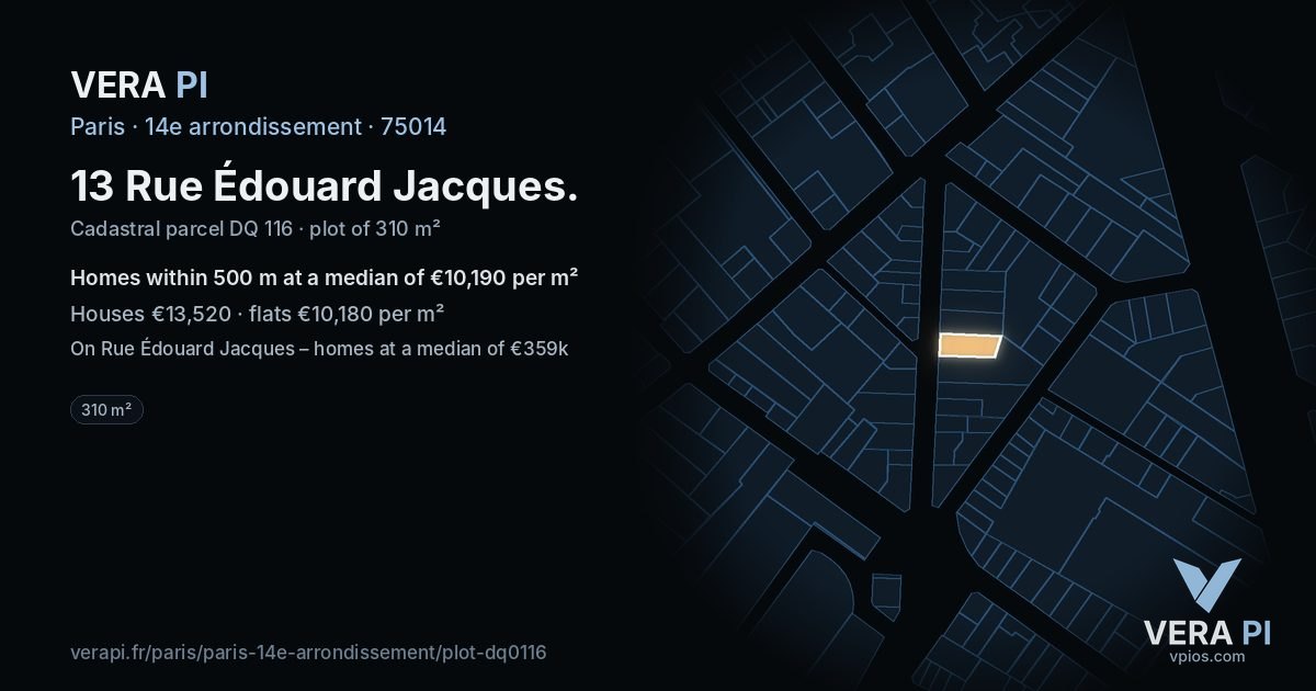 13 Rue Édouard Jacques, 14e arrondissement at night – the plot lit, the parcels around coloured by the prices near them
