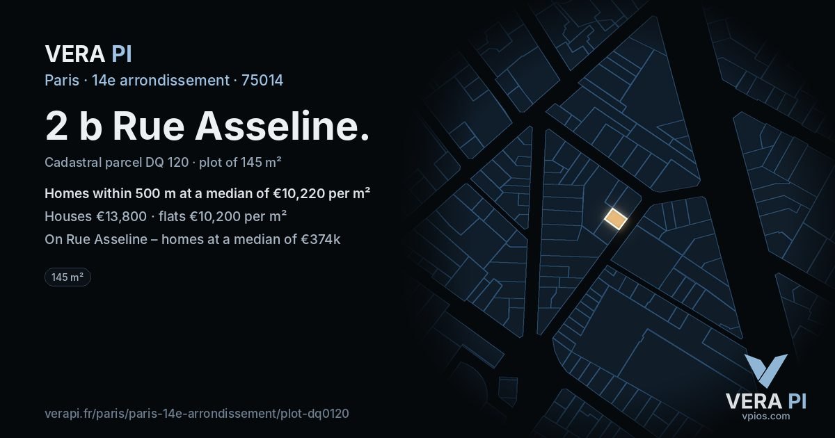 2 b Rue Asseline, 14e arrondissement at night – the plot lit, the parcels around coloured by the prices near them
