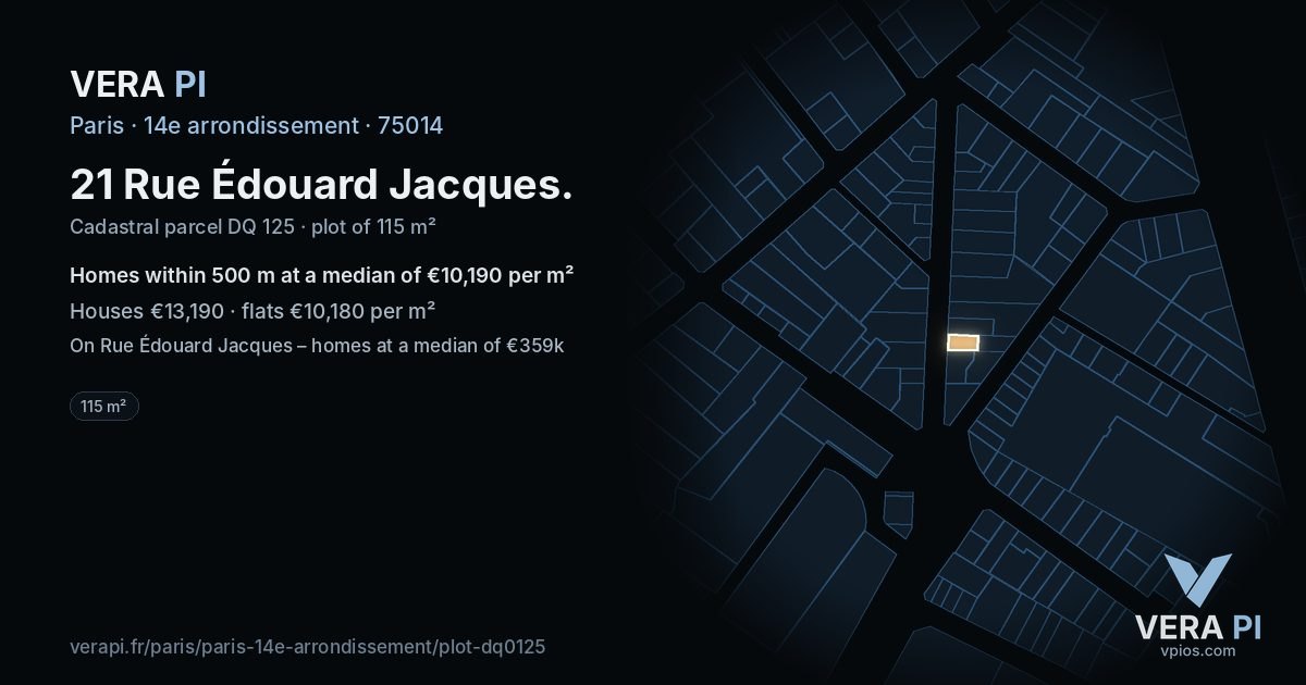 21 Rue Édouard Jacques, 14e arrondissement at night – the plot lit, the parcels around coloured by the prices near them