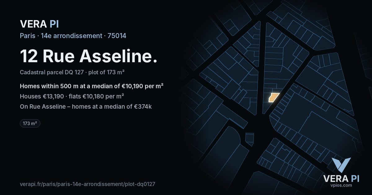 12 Rue Asseline, 14e arrondissement at night – the plot lit, the parcels around coloured by the prices near them