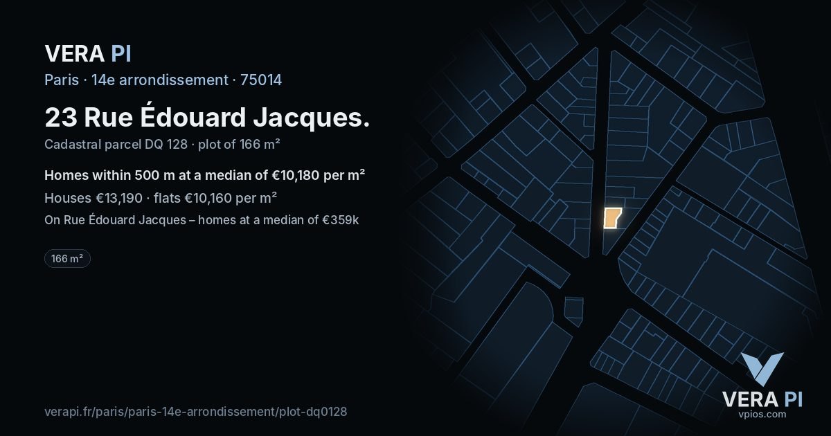 23 Rue Édouard Jacques, 14e arrondissement at night – the plot lit, the parcels around coloured by the prices near them