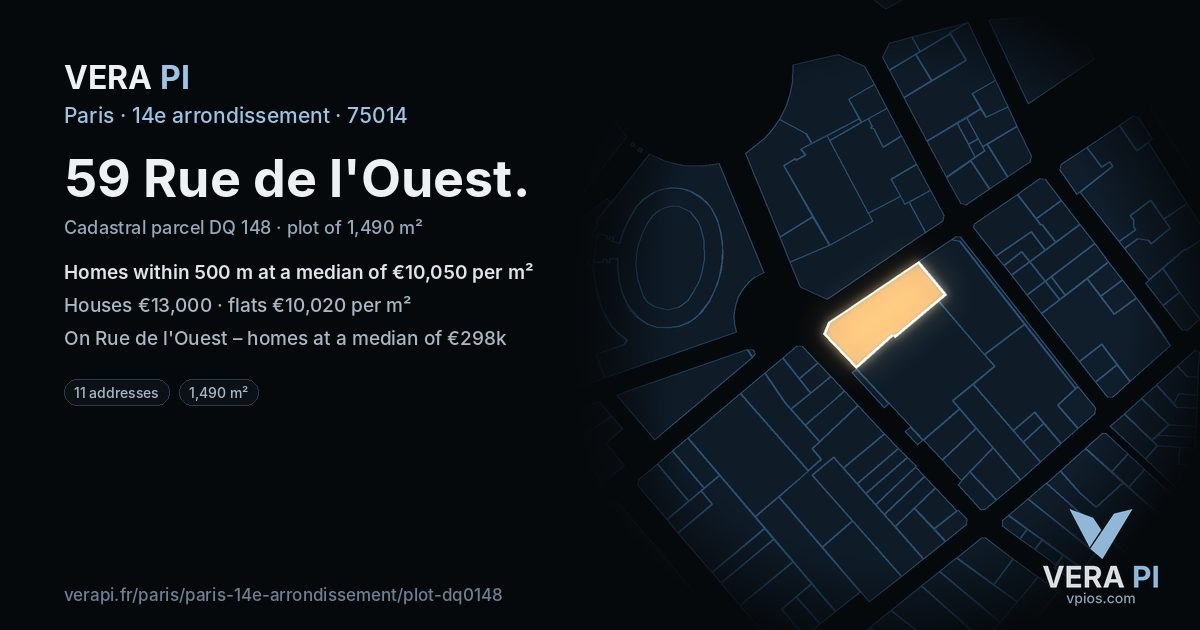 59 Rue de l'Ouest, 14e arrondissement at night – the plot lit, the parcels around coloured by the prices near them