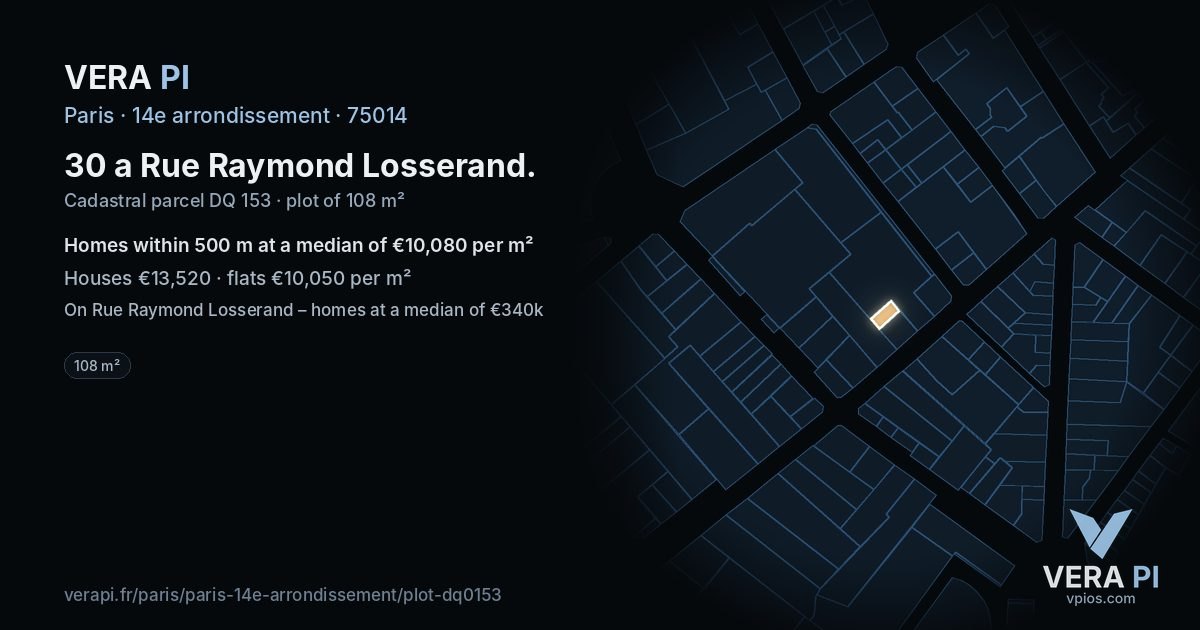 30 a Rue Raymond Losserand, 14e arrondissement at night – the plot lit, the parcels around coloured by the prices near them