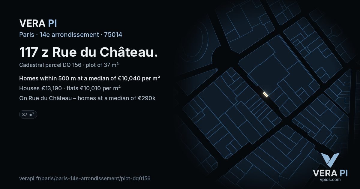 117 z Rue du Château, 14e arrondissement at night – the plot lit, the parcels around coloured by the prices near them