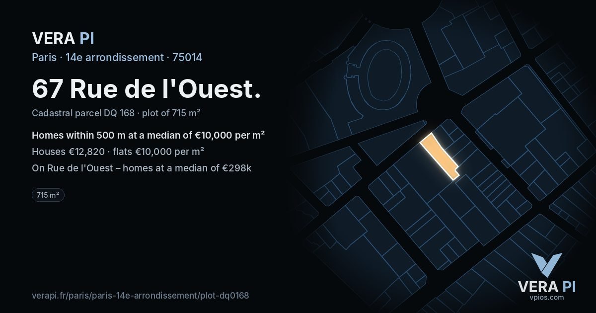 67 Rue de l'Ouest, 14e arrondissement at night – the plot lit, the parcels around coloured by the prices near them