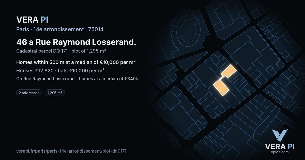 46 a Rue Raymond Losserand, 14e arrondissement at night – the plot lit, the parcels around coloured by the prices near them